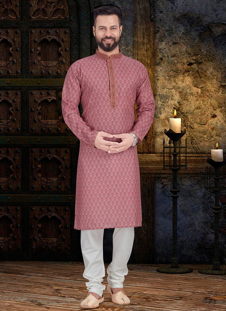 Pink Colour Outluk Vol 42 Traditional Wear Long Kurta Pure Cotton With Digital Print Kurta Pajama Mens Collection 42005